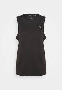 Černý atletický nátělník bez rukávů z hladké látky, s kulatým výstřihem a bílým logem Puma na levé části hrudi.