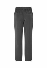 Graue Hose mit lockerer Passform, elastischem Bund und zwei Gesäßtaschen. Glattes Material mit leichtem Glanz und geradem Bein.
