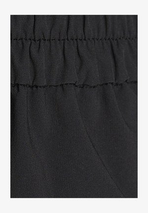 Black fabric with a soft texture features elastic gathering at the waistband. The material is lightweight and smooth with slight sheen.