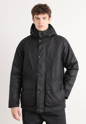 Black insulated jacket featuring a zip and snap closure, two front pockets, and an adjustable hood. Textured fabric, standard fit design.