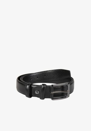 Cintura in pelle nera con una finitura testurizzata, dotata di una fibbia in argento lucido, un bordo cucito e un accento con logo vicino alla fibbia.