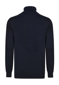 Marineblaues gestricktes Rollkragensweatshirt mit geripptem Kragen und Bündchen, das eine glatte Textur und eine figurbetonte Silhouette bietet.