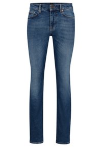 Herrarnas blå slim-fit denimjeans med fem fickor, framknapp och dragkedjestängning, med subtila blekningar vid låren och knäna.