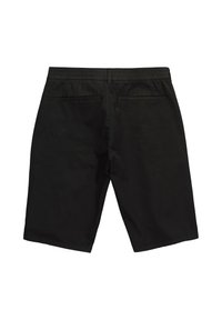 Black knee-length shorts with two back welt pockets and a waistband with belt loops, shown from the back on a white background.