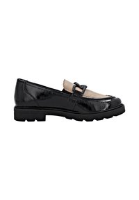 Black patent leather loafers with a beige suede panel, round toe, decorative black accent strap, and thick, textured rubber sole.