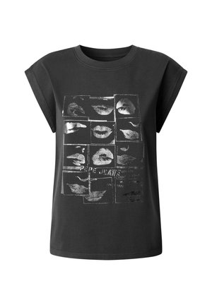 Mustast puuvillast valmistatud lühikeste varrukatega t-särk, mille esiküljel on läikiva huulte pildi ruudustiku muster. Ümar kaelus.