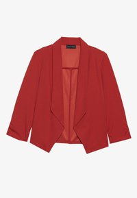 Red blazer made of lightweight fabric with a split front design, three-quarter sleeves, and smooth texture. No fastenings or pockets visible.