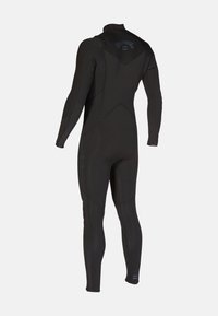 Black full-body wetsuit with long sleeves, back zipper, and subtle logo on upper back and lower leg, displayed on plain background.
