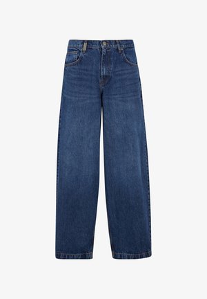 Laiad sinised denim püksid klassikalise viie tasku kujundusega, nööbiga sulgemine ja veidi pleekinud tekstuur. Tugevdatud õmblused.