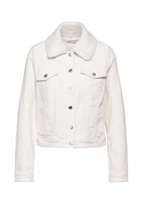 Vit cordjacka i kordfluwel med en mjuk, fuskpälskrage, två bröstfickor och knappstängningar fram. Texturerad tygytan.