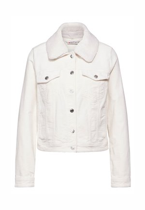 Chaqueta de corduroy blanca con un suave collar de piel sintética, dos bolsillos en el pecho y cierres de botón en la parte delantera. Superficie de tela texturizada.