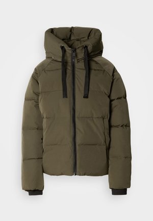 Olive green puffer jacket with a hood, front zipper, and black drawstrings. Features ribbed cuffs and quilted texture.