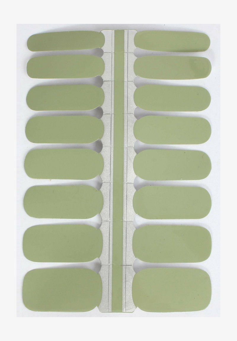 Grüne, haftende Nagelwickel in abgerundet rechteckiger Form, angeordnet auf einem weißen Untergrund mit einem klaren Klebestreifen in der Mitte.