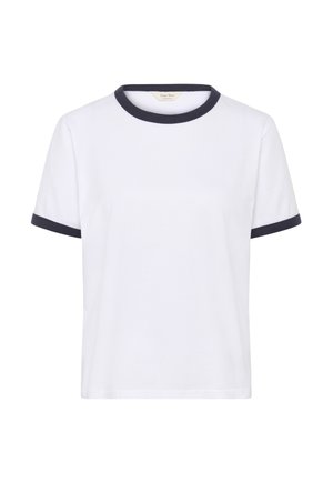 Balta īsroku T-krekls ar melnu apaļu apkakli un piedurkņu maliņām, vienkāršs dizains, attēlots uz balta fona.