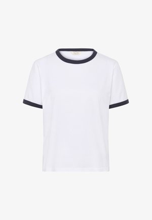 T-shirt blanc à manches courtes avec col rond noir et bordure de manches, design uni, présenté sur un fond blanc.