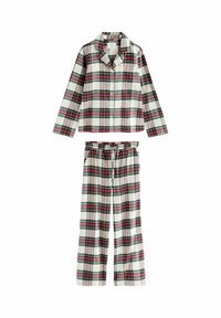 Plaid pajama set featuring a long-sleeve button-up top and elastic waistband pants. Colors include red, green, blue, and cream. Soft fabric.