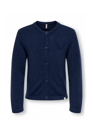 Cardigan bleu marine boutonné avec manches longues et un petit cœur brodé sur la poitrine gauche.