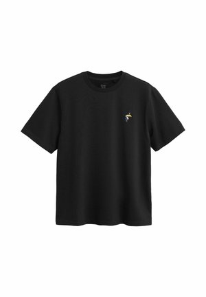 T-shirt nera a maniche corte con piccola figura colorata di surfista ricamata sul petto sinistro.
