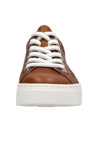 Brown leather sneaker with white laces, a textured upper, and a thick white sole, featuring a round toe and detailed stitching.