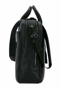 Zwarte leren tas met dubbele ritscompartimenten, gestructureerd oppervlak en afneembare schouderband. Beschikt over sterke stiksels en metalen hardware.