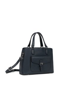 Borsa a mano in pelle blu navy con due manici superiori, una tracolla rimovibile e una tasca frontale chiusa da una fibbia.