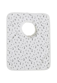 Quadratische weiße Baby-Lätzchen mit abgerundeten Ecken, schwarzem abstraktem Blattmuster und einem kreisförmigen Ausschnitt in der Mitte.