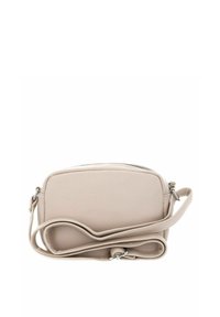 Sac en bandoulière en cuir beige avec une texture lisse, une forme arrondie, une fermeture éclair et une bandoulière réglable. Présente un design minimaliste.