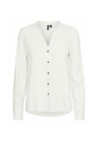 Camicia bianca a maniche lunghe con scollo a V, caratterizzata da una fila di bottoni marroni sul davanti e una tasca sul petto. Tessuto morbido e testurizzato.