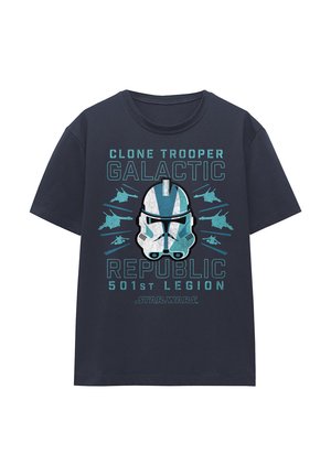 Navy cotton t-shirt featuring a Clone Trooper helmet graphic with blue accents, and text reading "Clone Trooper Galactic Republic 501st Legion."