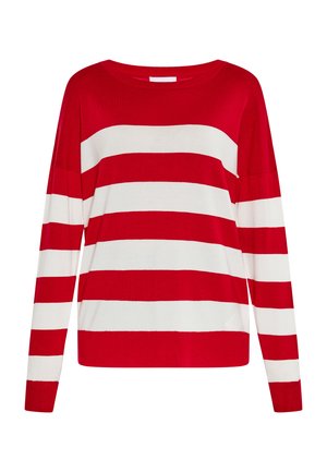 Piros és fehér csíkos, hosszú ujjú pulóver széles dekoltázzsal és laza szabással. Puha kötött anyagból készült. A csíkok egyenletesen oszlanak el.