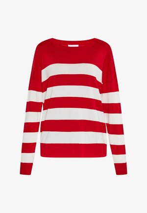 Rdeče in bele črtaste dolge rokave pulover z širokim izrezom in ohlapnim krojem. Narejen iz mehke pletene tkanine. Črte so enakomerno razporejene.