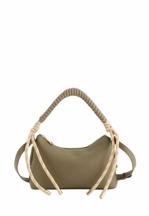 Olive zielona skórzana torebka z teksturowanym uchwytem owiniętym beżowymi i czarnymi sznurkami, z zapięciem na zamek i regulowanym paskiem.