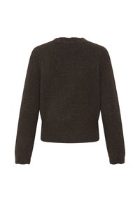 Pull à manches longues brun foncé vu de dos, avec une encolure ras du cou et des ourlets et poignets côtelés. Aucun motif ni ornement visible.