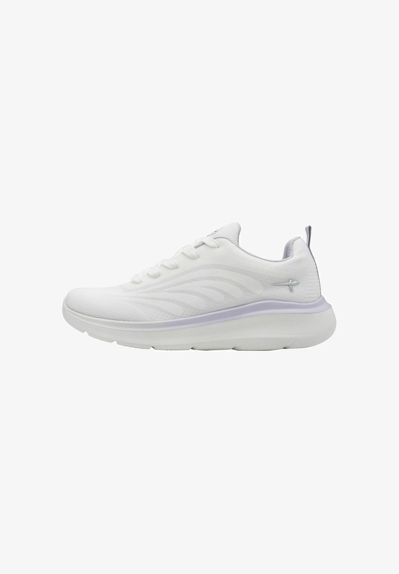 Chaussure de sport blanche avec une tige en mesh texturé, six œillets, un col rembourré, et une semelle épaisse blanche comportant une bande d'accent lilas.