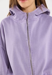 Felpa con cappuccio di un delicato viola chiaro, caratterizzata da una chiusura con zip, una texture morbida e una vestibilità comoda. Il tessuto ha una finitura liscia e leggermente spazzolata.