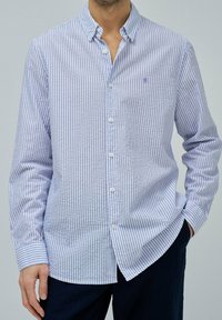 Camicia bottonata a righe verticali blu chiaro e bianche, in cotone, maniche lunghe, colletto a punta e polsini con bottoni, vestibilità rilassata.