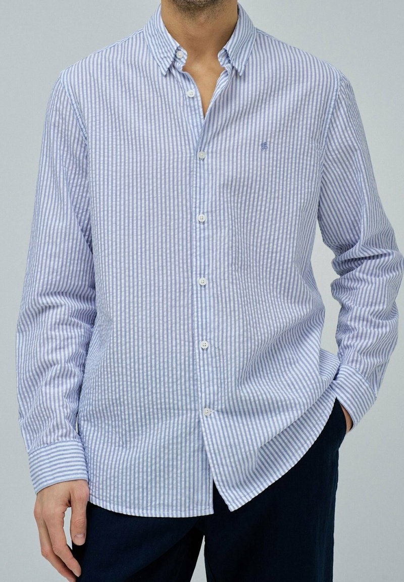 Camicia bottonata a righe verticali blu chiaro e bianche, in cotone, maniche lunghe, colletto a punta e polsini con bottoni, vestibilità rilassata.
