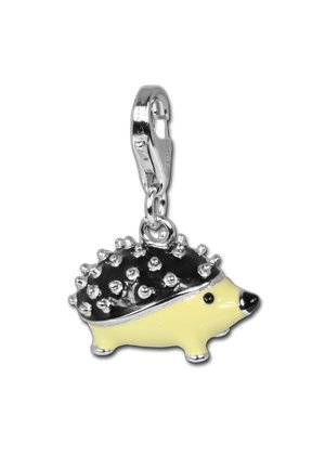 Charm d'éclair en métal en forme de hérisson anthropomorphe, avec un corps jaune, un sommet noir et épineux, et un fermoir en métal argenté. Caractéristiques faciales détaillées.