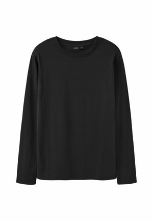 Camiseta básica negra de manga larga con cuello redondo, hecha de tela suave, mostrada sobre un fondo blanco.