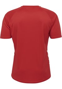 Rotes Sporttrikot aus glattem, leichtem Stoff. Mit Rundhalsausschnitt und kurzen Ärmeln, weißen seitlichen Akzenten und Logodetails.