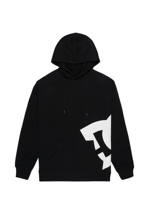 Czarna bluza z kapturem wykonana z bawełny, z przednią kieszenią kangurka i dużym białym nadrukiem na dolnej lewej stronie.