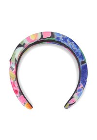 Fascia per capelli rivestita in tessuto con un motivo floreale colorato che presenta sfumature di rosa, blu, verde e nero. Superficie liscia, struttura flessibile.
