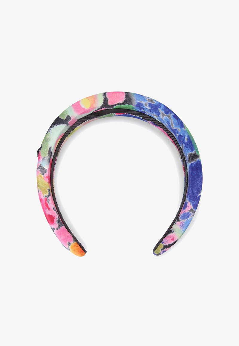 Fascia per capelli rivestita in tessuto con un motivo floreale colorato che presenta sfumature di rosa, blu, verde e nero. Superficie liscia, struttura flessibile.