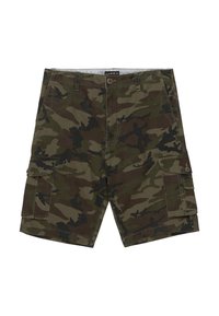 Pantalones cortos cargo de camuflaje en colores verde oscuro, marrón y negro. Hechos de tela con bolsillos laterales y cierre de botón. Corte regular.