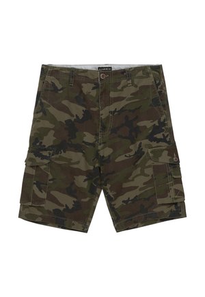 Spodnie cargo w kamuflażu w ciemnozielonym, brązowym i czarnym kolorze. Wykonane z materiału, posiadają boczne kieszenie i zapięcie na guzik. Standardowy krój.