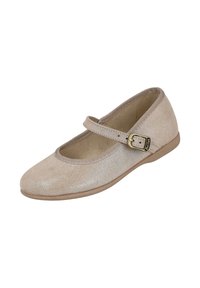 Zapato Mary Jane beige con una sola correa ajustable y hebilla de metal, suela plana y textura suave similar al ante.