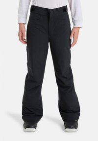 Zwarte sneeuwbroek met brede pijpen en een stevige tailleband, voorzien van zijzakken en gemaakt van zacht materiaal voor comfort en warmte.