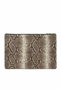 Brun og creme slangeskindsprint clutch, rektangulær form, tekstureret overflade, lynlås lukning, med guldsmykke akcent.