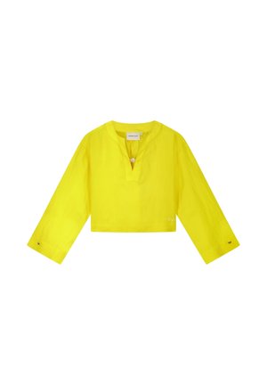 Heldere gele cropped blouse met lange mouwen, een enkele knoop bij de V-hals en wijde mouwen.