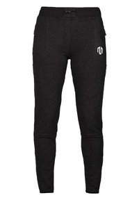 Black tapered sweatpants made of soft fabric, featuring an elastic waistband, side pockets, and a subtle logo on the front.